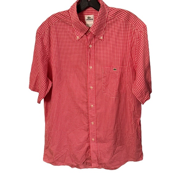 Lacoste Men’s  Button Down Shirt Red/white Check Short Sleeves Logo Sz 42 Large - Picture 2 of 11